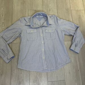 Vintage men's Tommy Hilfiger collared pinstripe blue white‎ button down size xl
